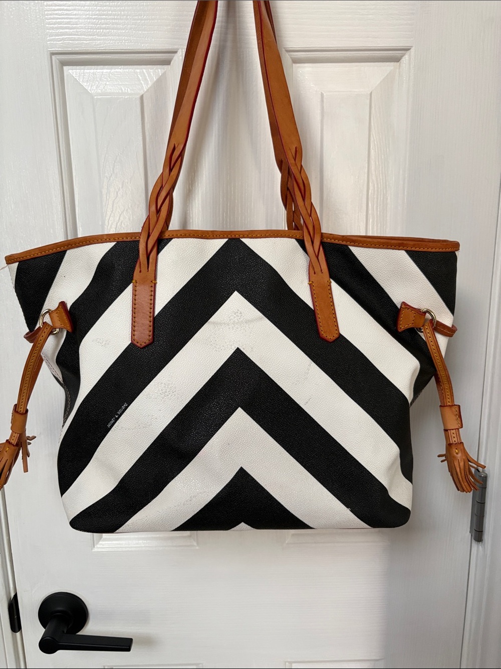 Dooney & Bourke Black and White Chevron Tote with Brown Trim - Picture 3 of 15